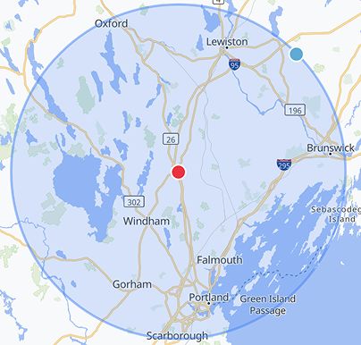 Map with a red circle showing a 20 mile radius from Gray, ME